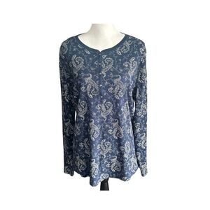 Chaps Henley Shirt Womens size 1X Indigo Cream Paisley Long Sleeve Cotton NWT
